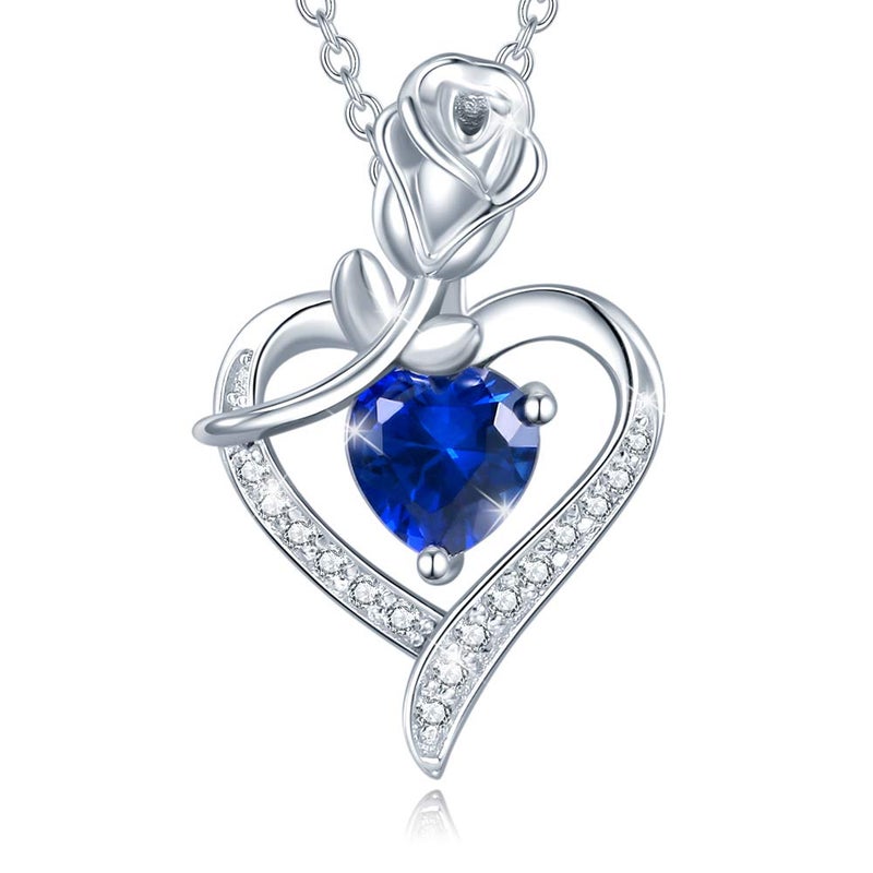 AGVANA September Birthstone Jewelry Sapphire Necklace for Women Sterling Silver Rose Flower Heart Pendant Necklace Fine Jewelry Anniversary Birthday Gifts for Women Wife Lady Her - Image 1